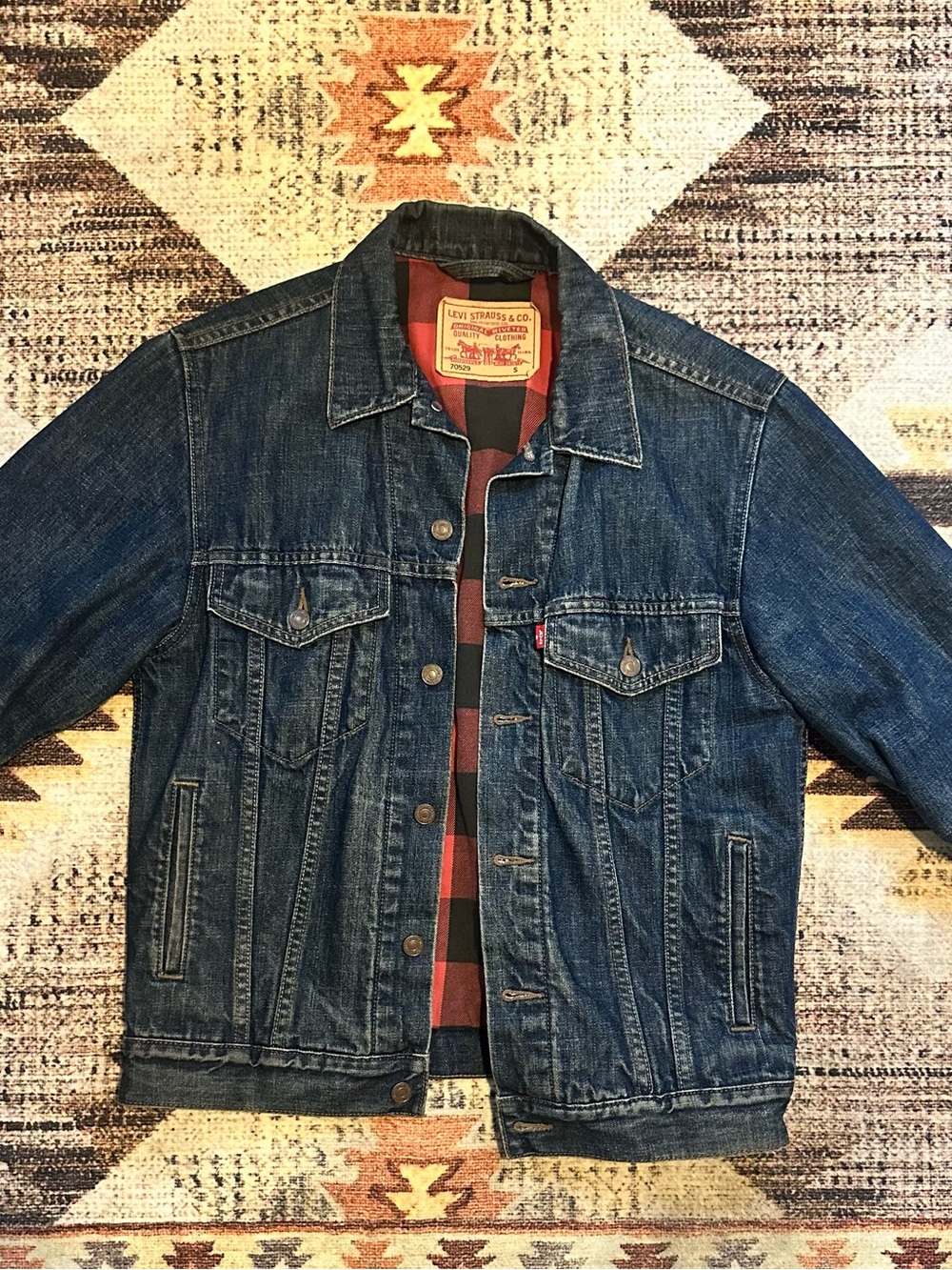 Vintage Levi's Denim Trucker Jacket with Red Plaid Trim